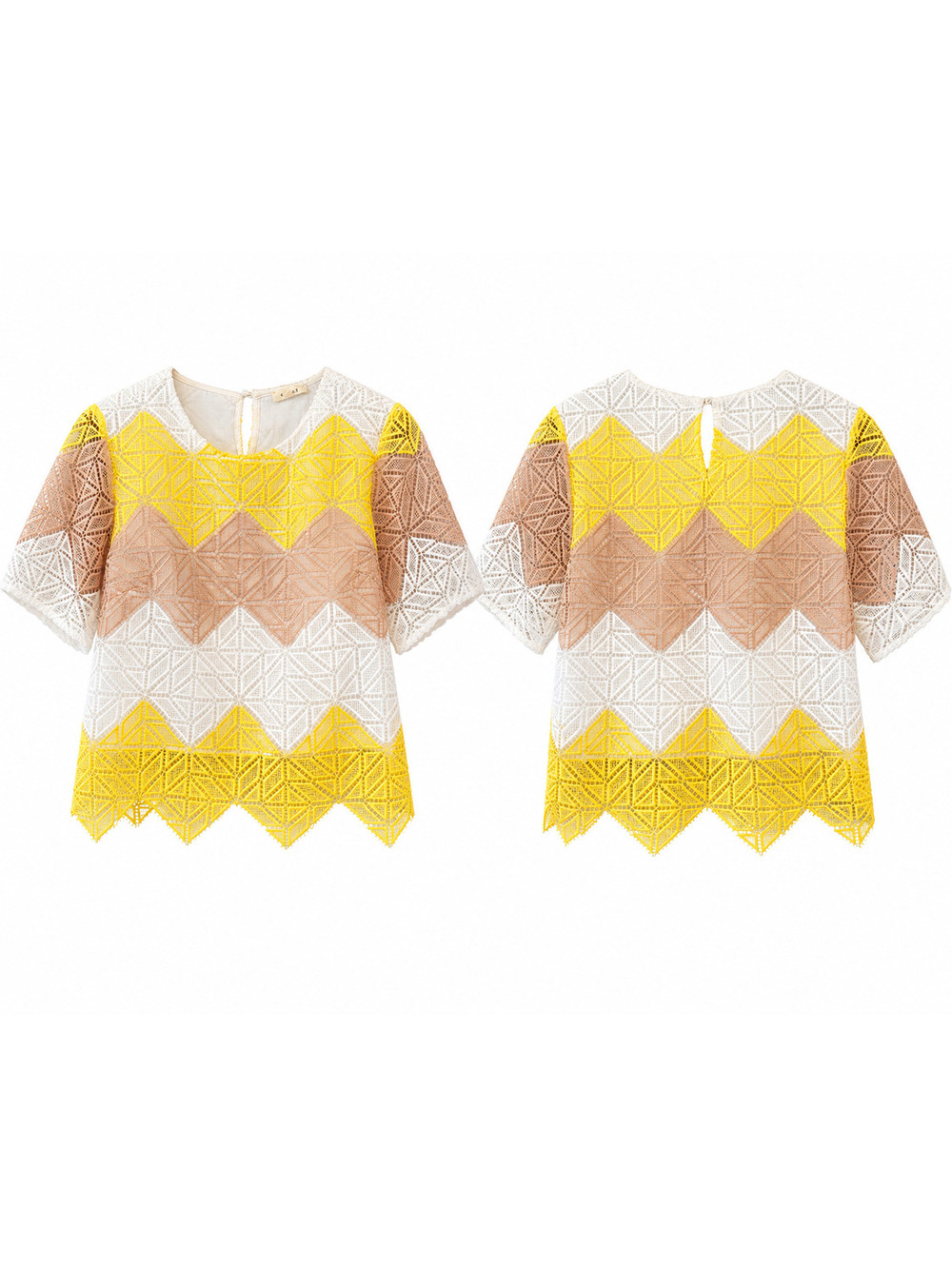 Gilli Women's Small Geometric Lace Top Yellow White Tan Sheer Short Sleeve